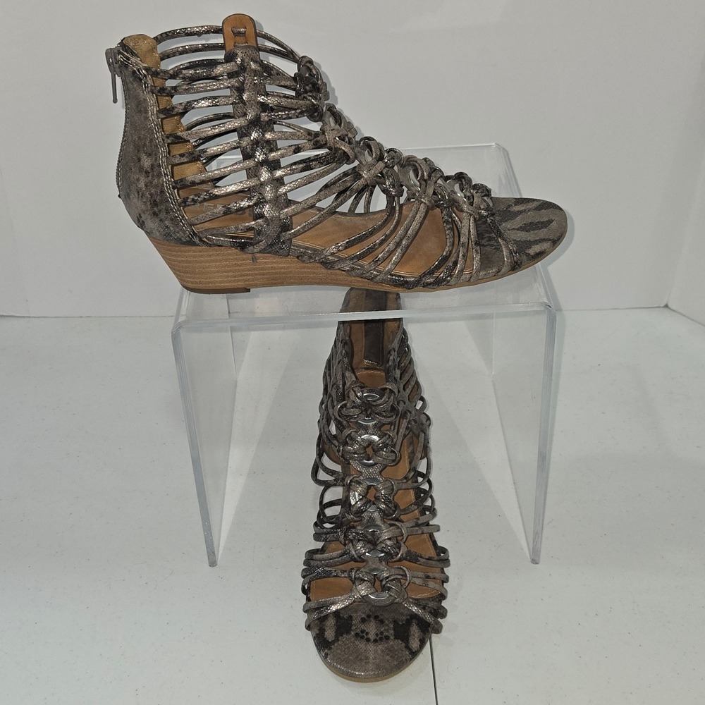 Report Marianna Womens 8 Snakeskin Strappy Gladiator Wedge Sandals Grey Metallic